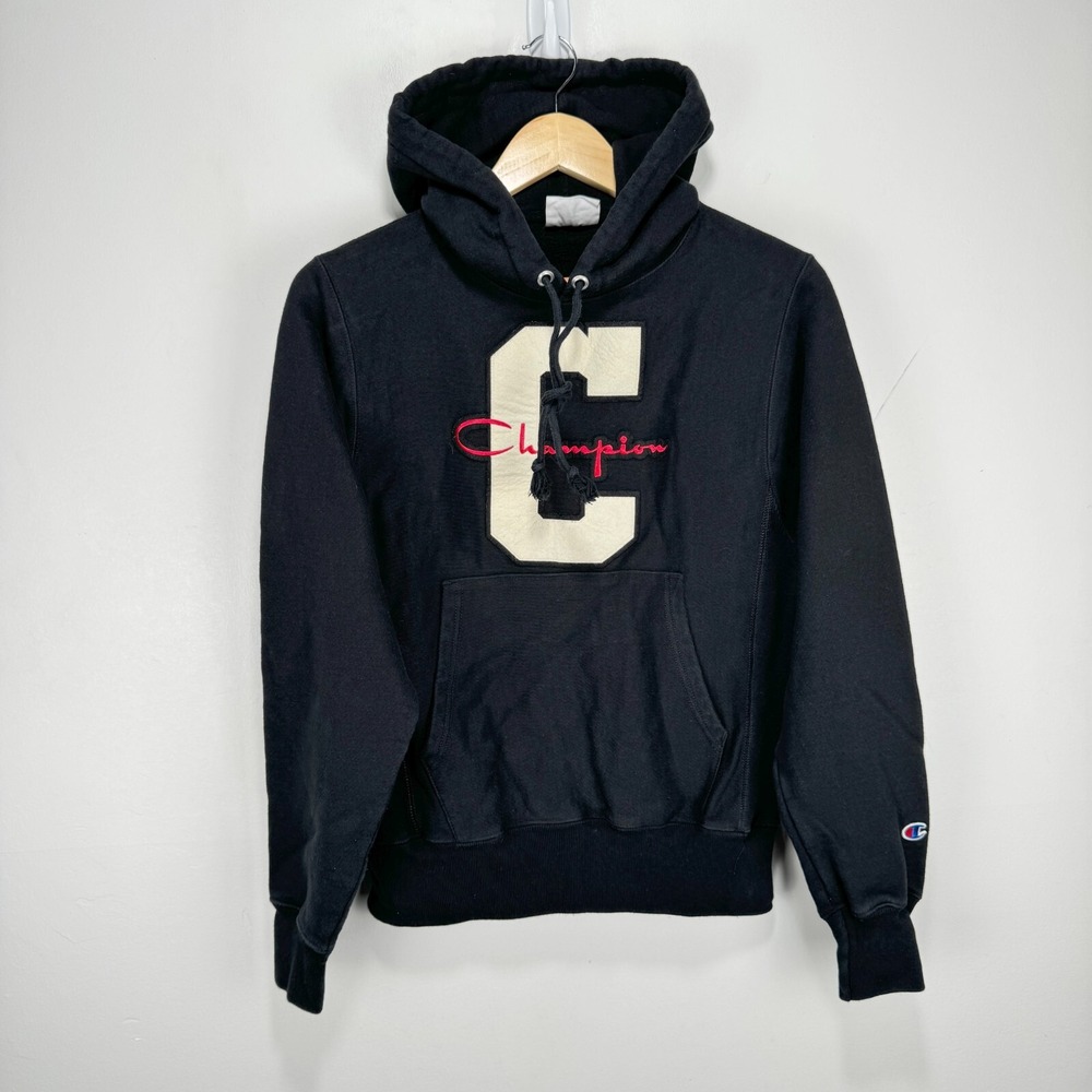 Champion Reverse Weave Chenille Felt Logo Hoodie Sweatshirt Men X-Small Black - Picture 7 of 9